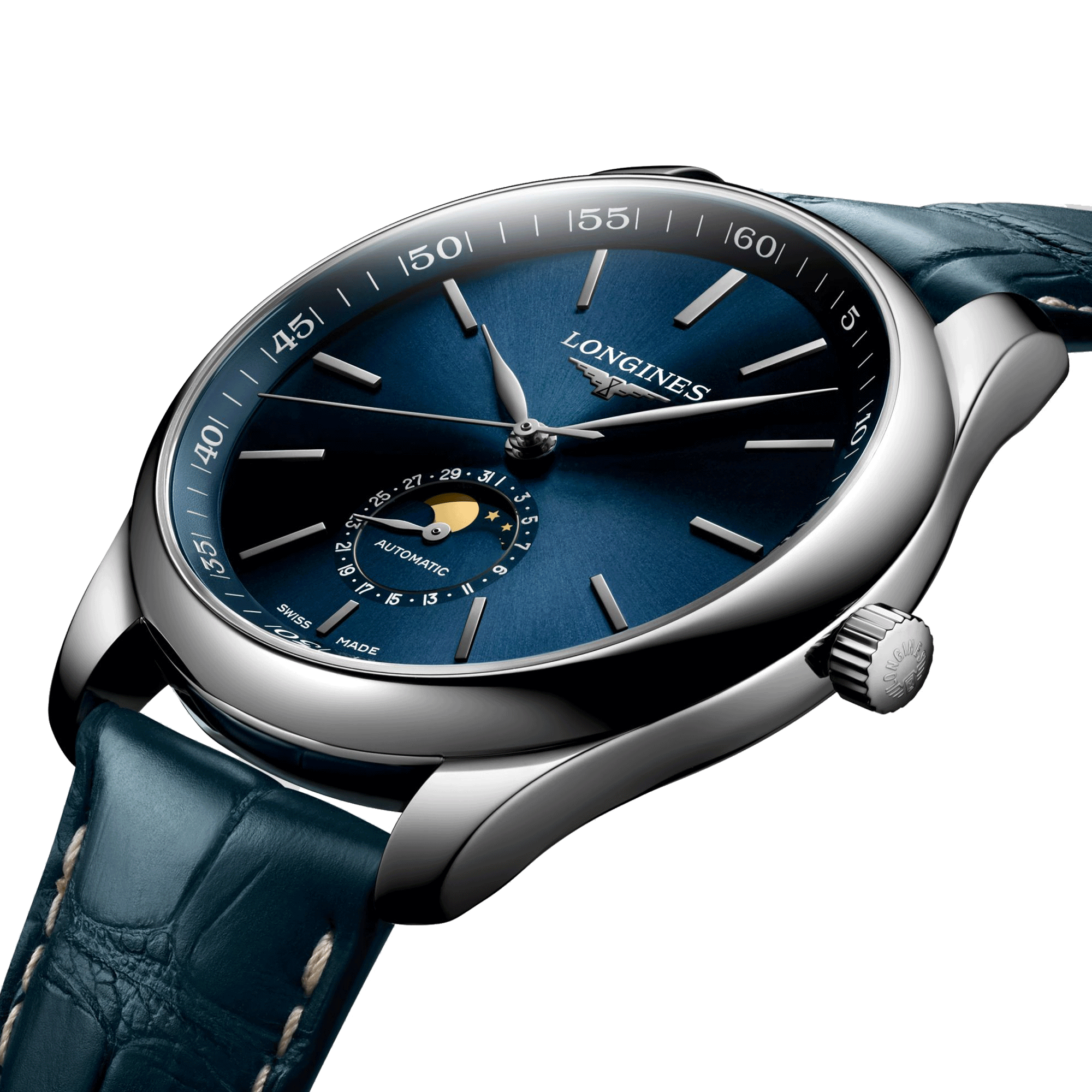 Montre Longines Master Collection automatique cadran bleu phases de lune bracelet cuir bleu 42 mm L2.919.4.92.0