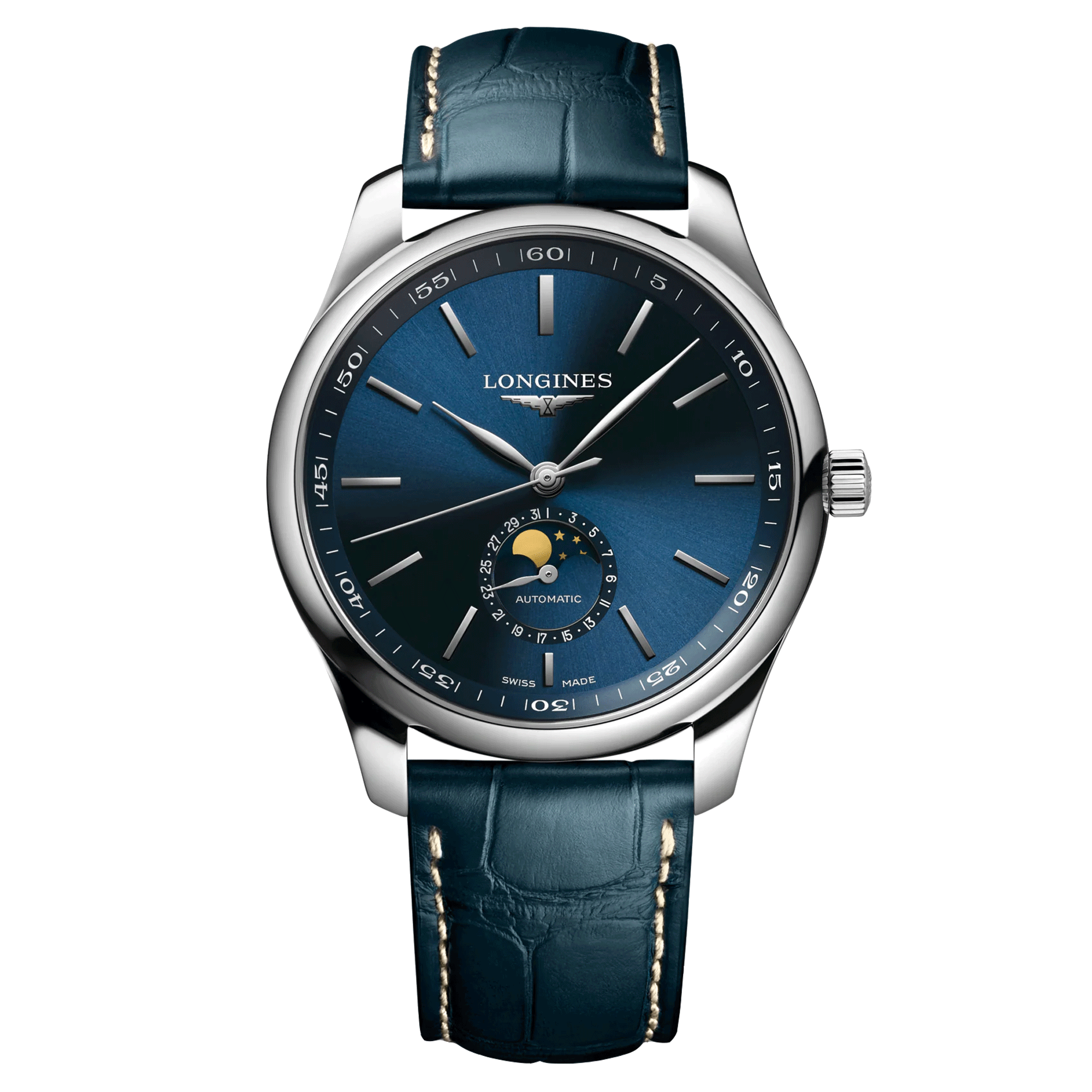 Montre Longines Master Collection automatique cadran bleu phases de lune bracelet cuir bleu 42 mm L2.919.4.92.0