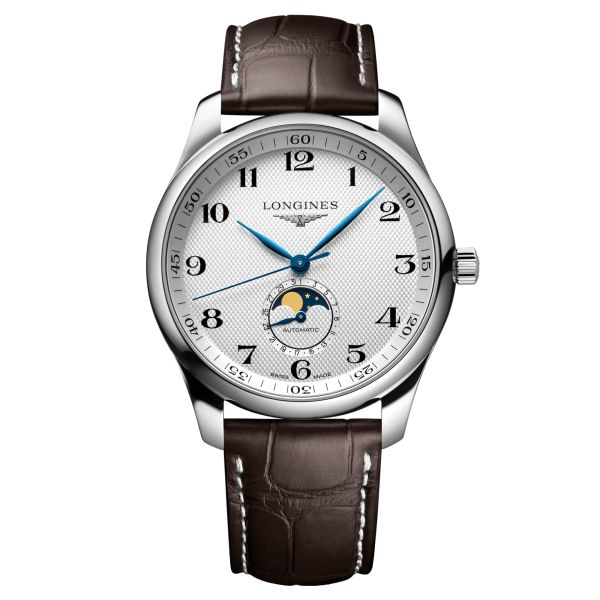 Montre Longines Master Collection automatique cadran argenté phases de lune bracelet cuir brun 42 mm L2.919.4.78.3