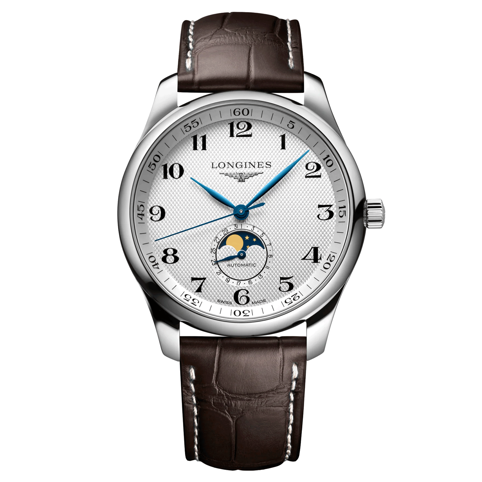 Montre Longines Master Collection automatique cadran argenté phases de lune bracelet cuir brun 42 mm L2.919.4.78.3