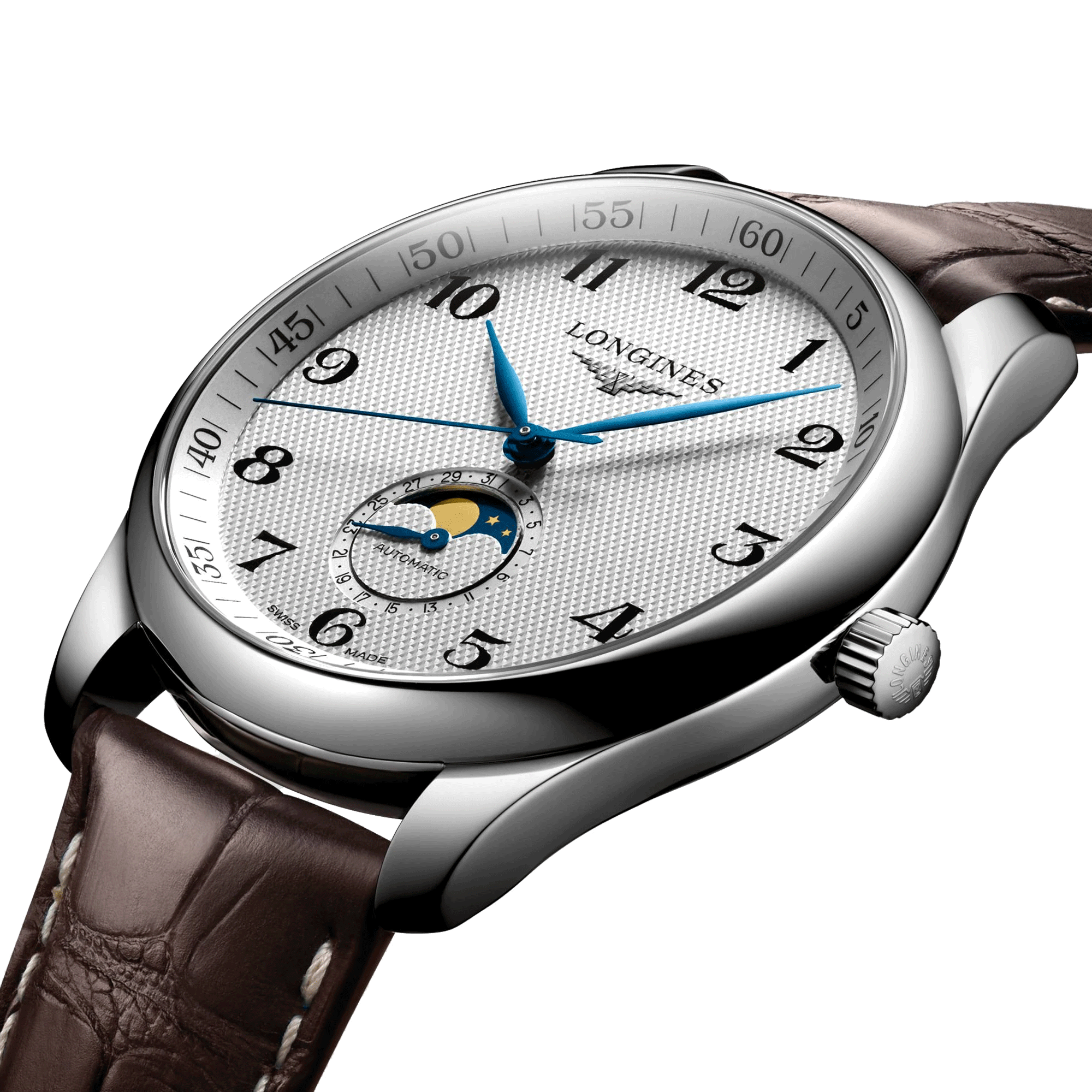 Montre Longines Master Collection automatique cadran argenté phases de lune bracelet cuir brun 42 mm L2.919.4.78.3