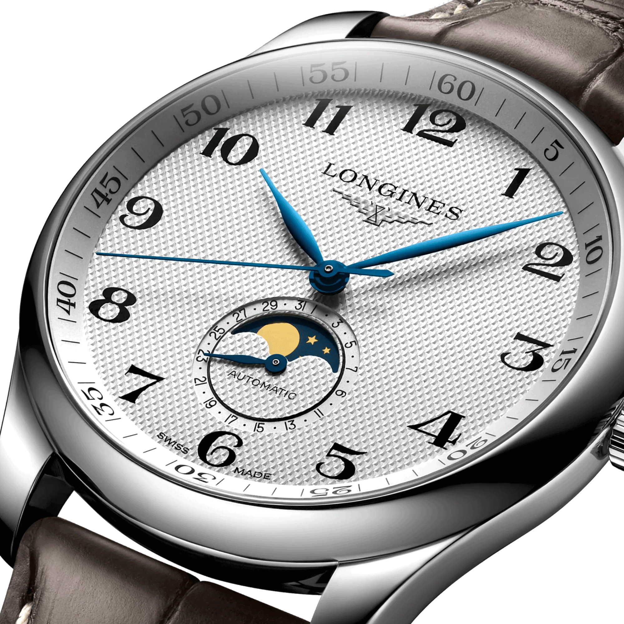 Montre Longines Master Collection automatique cadran argenté phases de lune bracelet cuir brun 42 mm L2.919.4.78.3