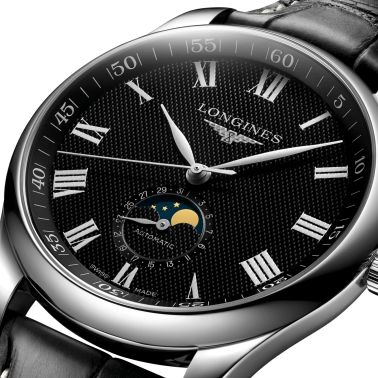 Montre Longines Master Collection automatique cadran noir phases de lune bracelet cuir noir 42 mm L2.919.4.51.7