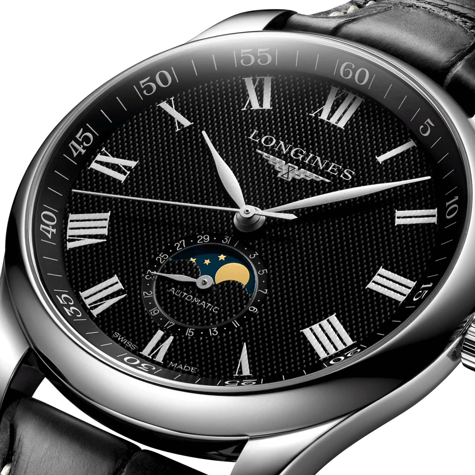 Montre Longines Master Collection automatique cadran noir phases de lune bracelet cuir noir 42 mm L2.919.4.51.7