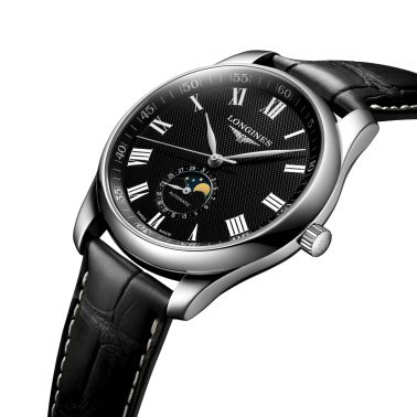 Montre Longines Master Collection automatique cadran noir phases de lune bracelet cuir noir 42 mm L2.919.4.51.7