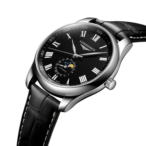 Montre Longines Master Collection automatique cadran noir phases de lune bracelet cuir noir 42 mm L2.919.4.51.7