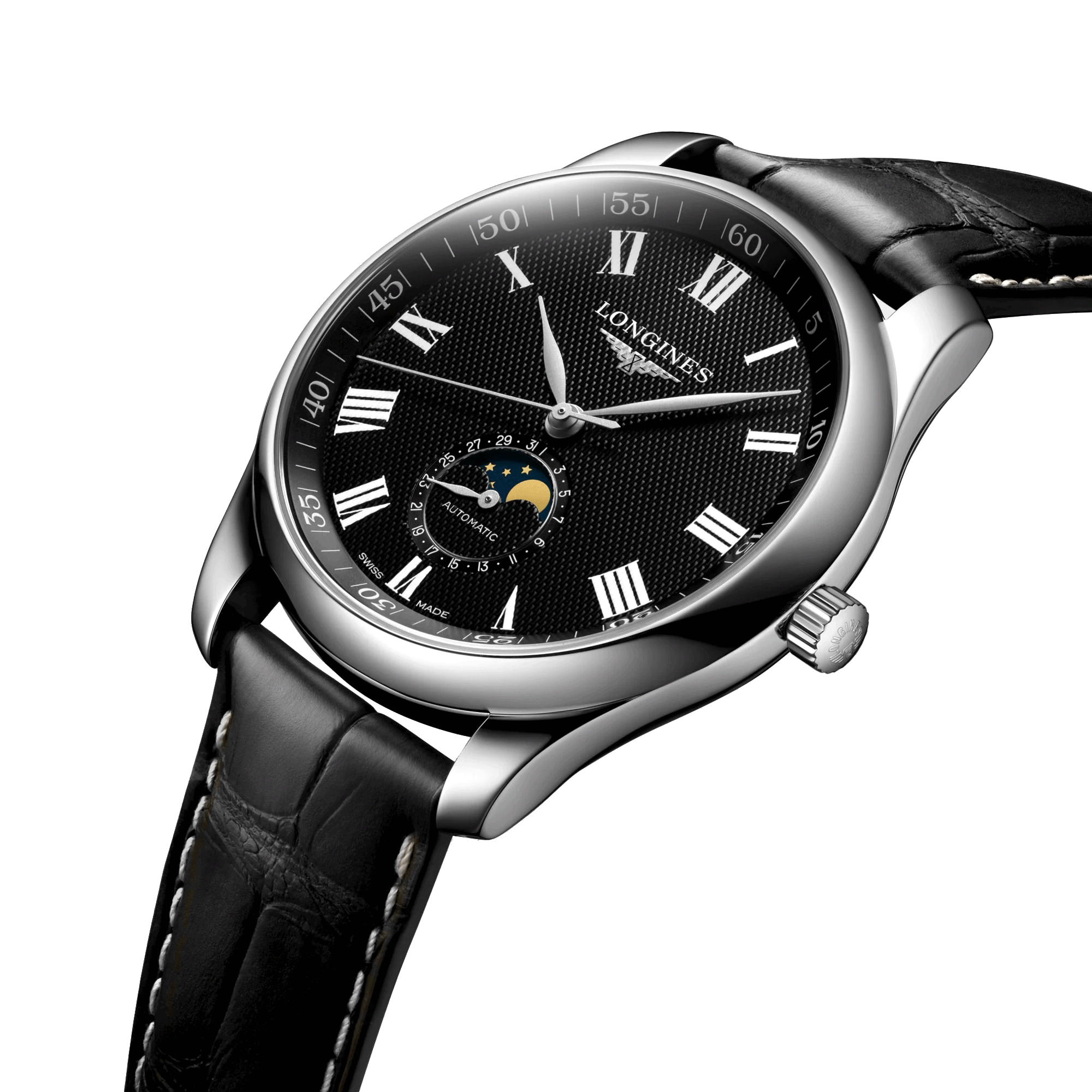 Montre Longines Master Collection automatique cadran noir phases de lune bracelet cuir noir 42 mm L2.919.4.51.7