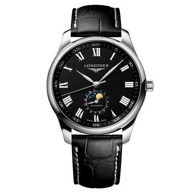 Montre Longines Master Collection automatique cadran noir phases de lune bracelet cuir noir 42 mm L2.919.4.51.7