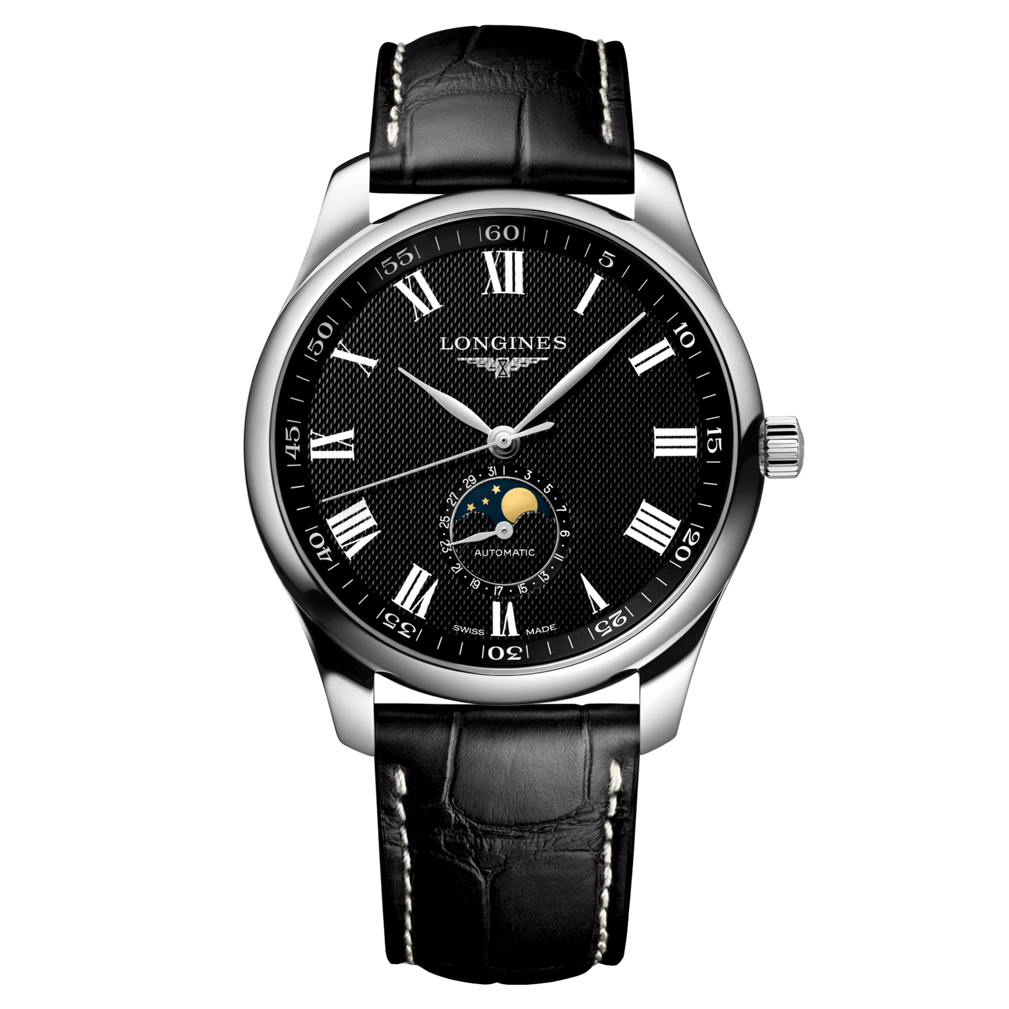 Montre Longines Master Collection automatique cadran noir phases de lune bracelet cuir noir 42 mm L2.919.4.51.7