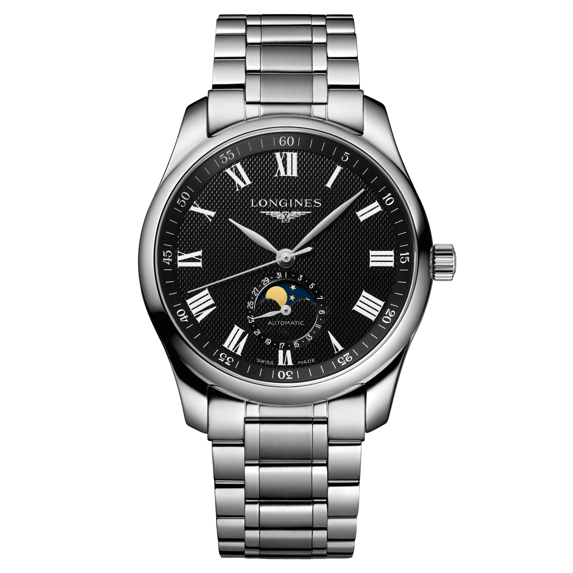 Montre Longines Master Collection automatique cadran noir phases de lune bracelet acier 40 mm L2.909.4.51.6