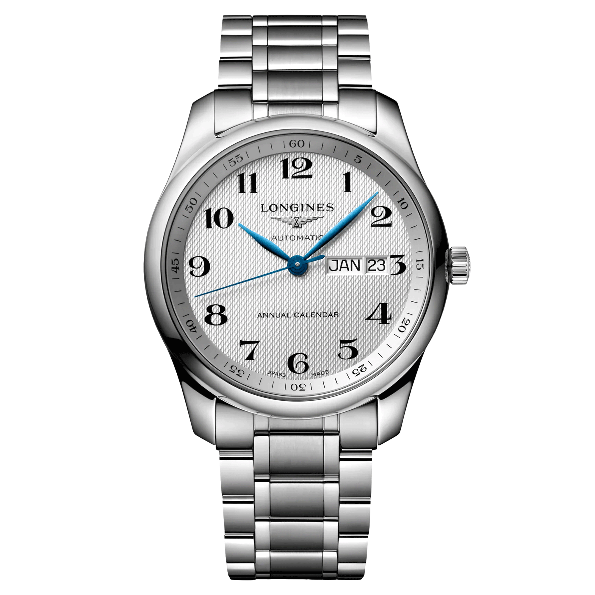 Montre Longines Master Collection Annual Calendar automatique chiffres arabes bracelet acier 40 mm L2.910.4.78.6