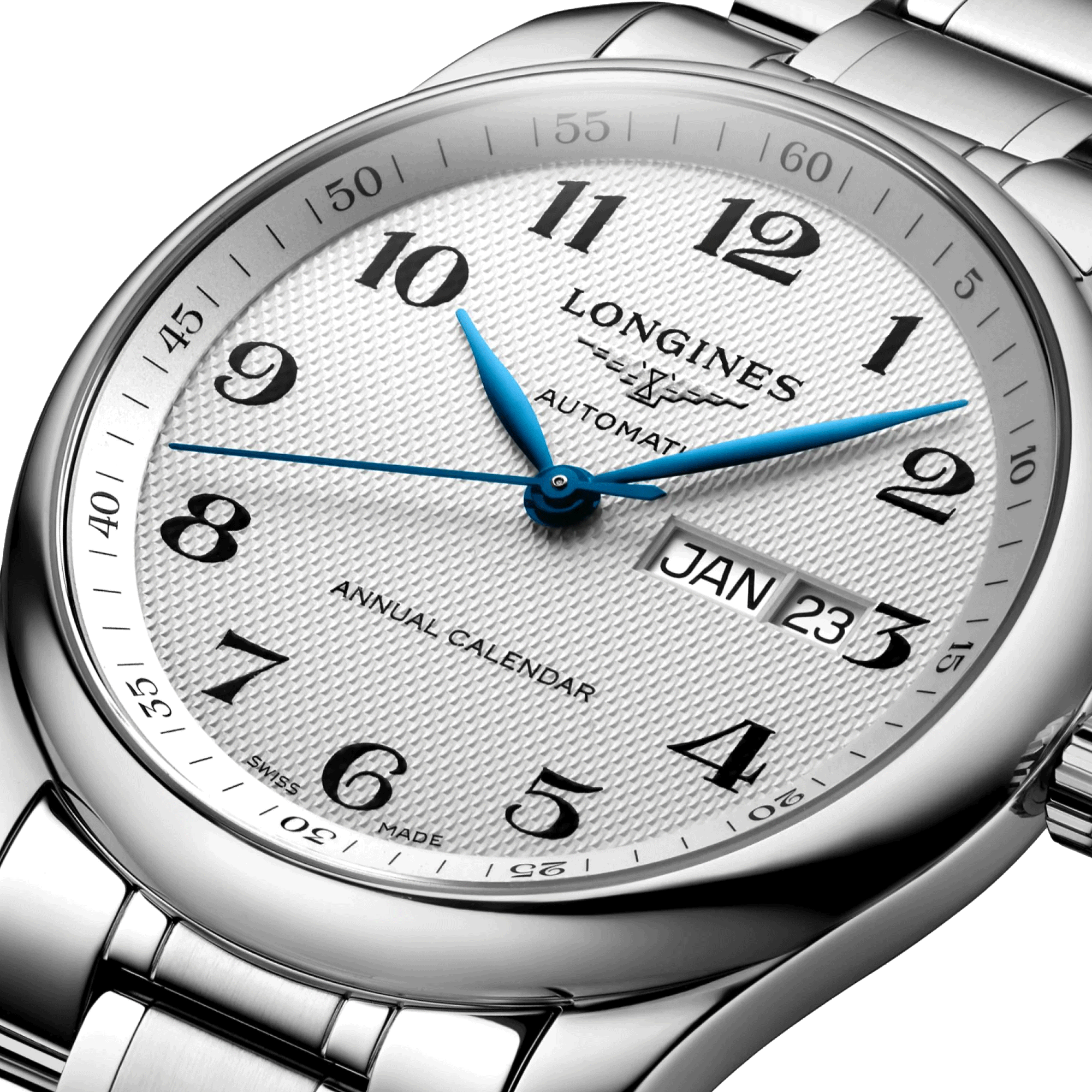 Montre Longines Master Collection Annual Calendar automatique chiffres arabes bracelet acier 40 mm L2.910.4.78.6