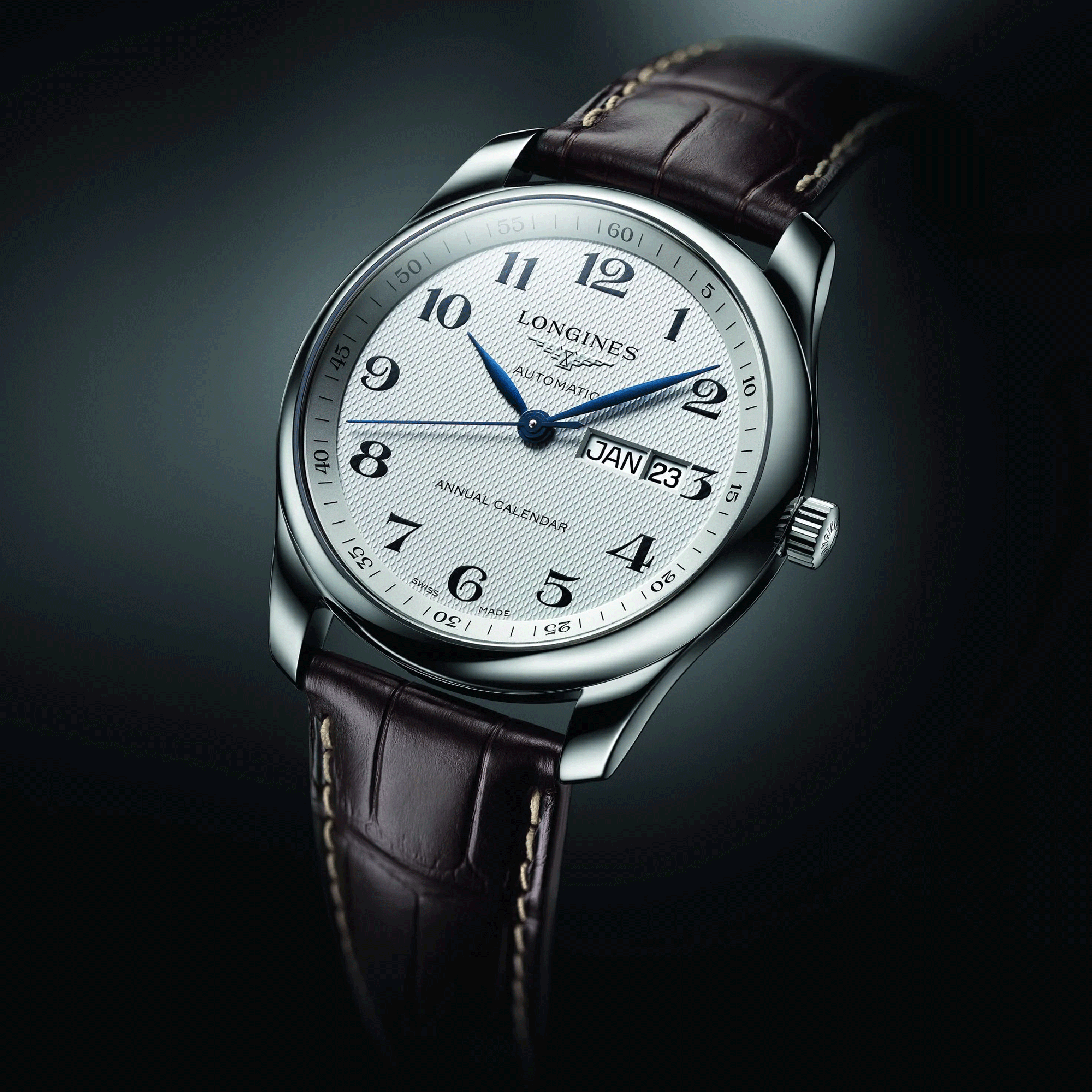 Montre Longines Master Collection Annual Calendar automatique chiffres arabes bracelet cuir marron 40 mm