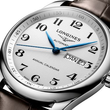 Montre Longines Master Collection Annual Calendar automatique chiffres arabes bracelet cuir marron 40 mm
