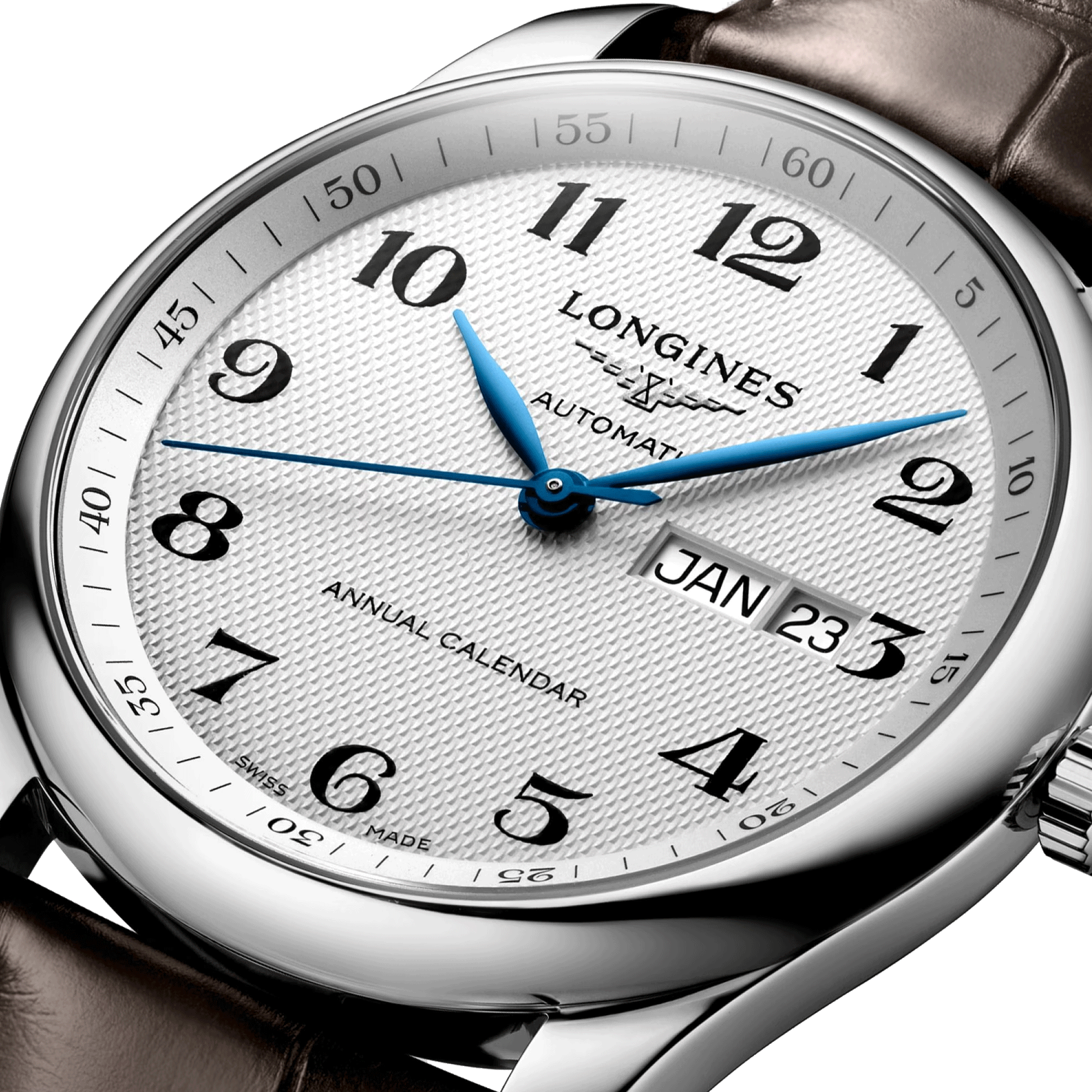 Montre Longines Master Collection Annual Calendar automatique chiffres arabes bracelet cuir marron 40 mm