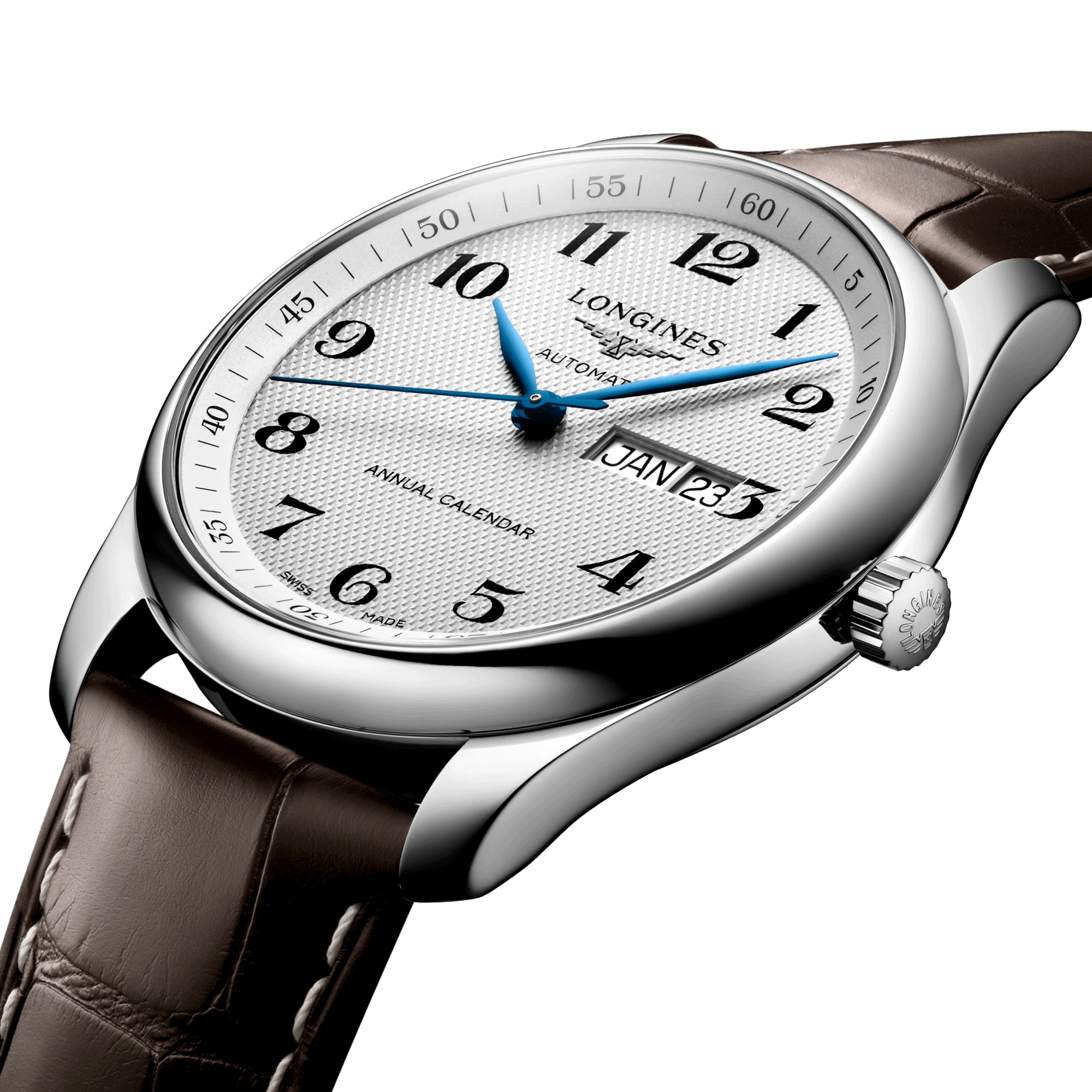 Montre Longines Master Collection Annual Calendar automatique chiffres arabes bracelet cuir marron 40 mm