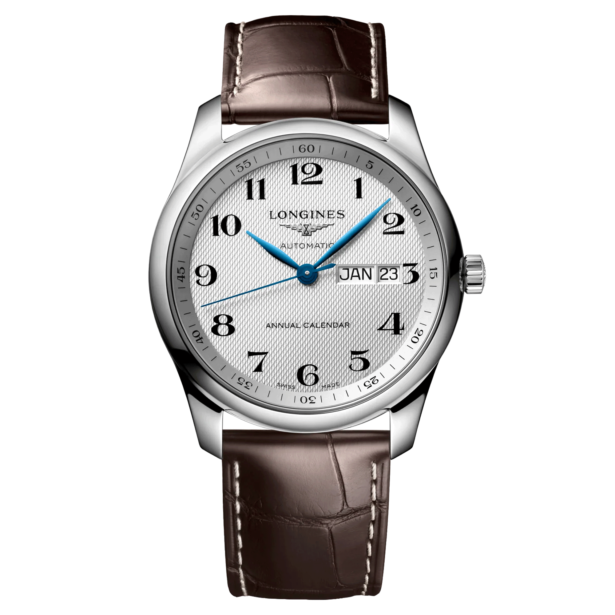 Montre Longines Master Collection Annual Calendar automatique chiffres arabes bracelet cuir marron 40 mm