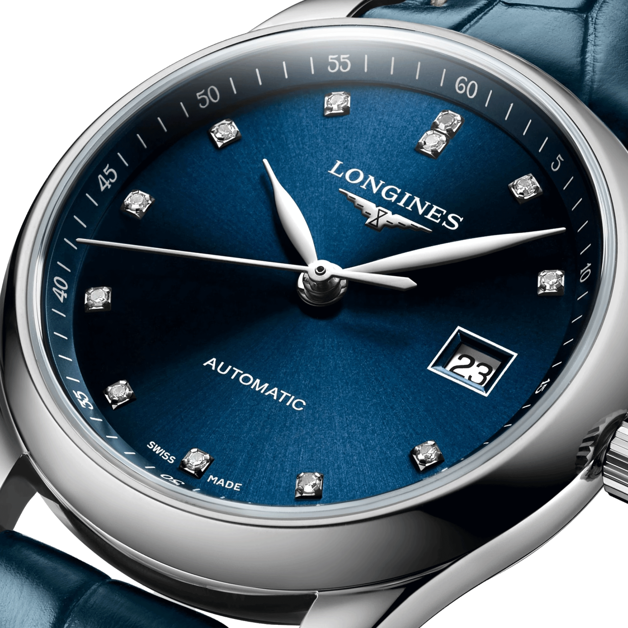 Montre Longines Master Collection automatique cadran bleu soleillé index diamants 29 mm L2.257.4.97.0
