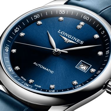 Longines Master Collection automatic watch blue dial diamond index blue leather strap 40 mm