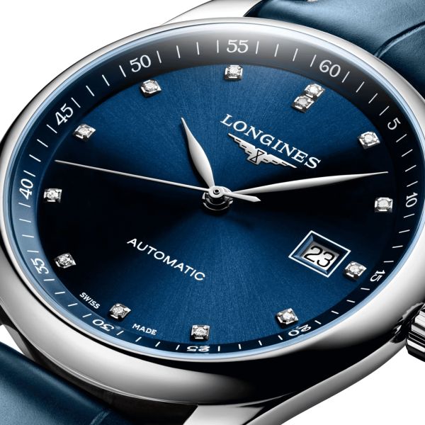 Longines Master Collection automatic watch blue dial diamond index blue leather strap 40 mm