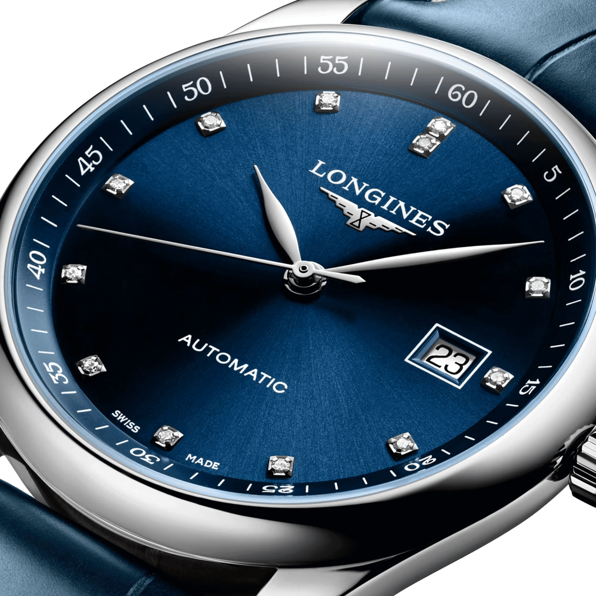 Longines Master Collection automatic watch blue dial diamond index blue leather strap 40 mm