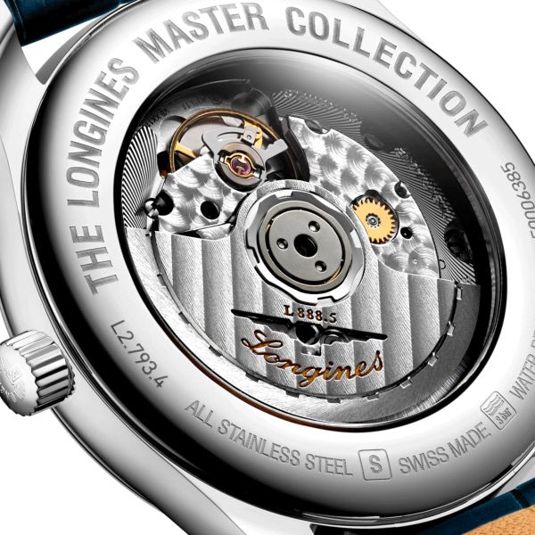 Longines Master Collection automatic watch blue dial diamond index blue leather strap 40 mm