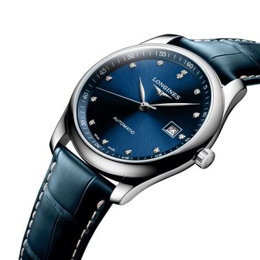 Longines Master Collection automatic watch blue dial diamond index blue leather strap 40 mm