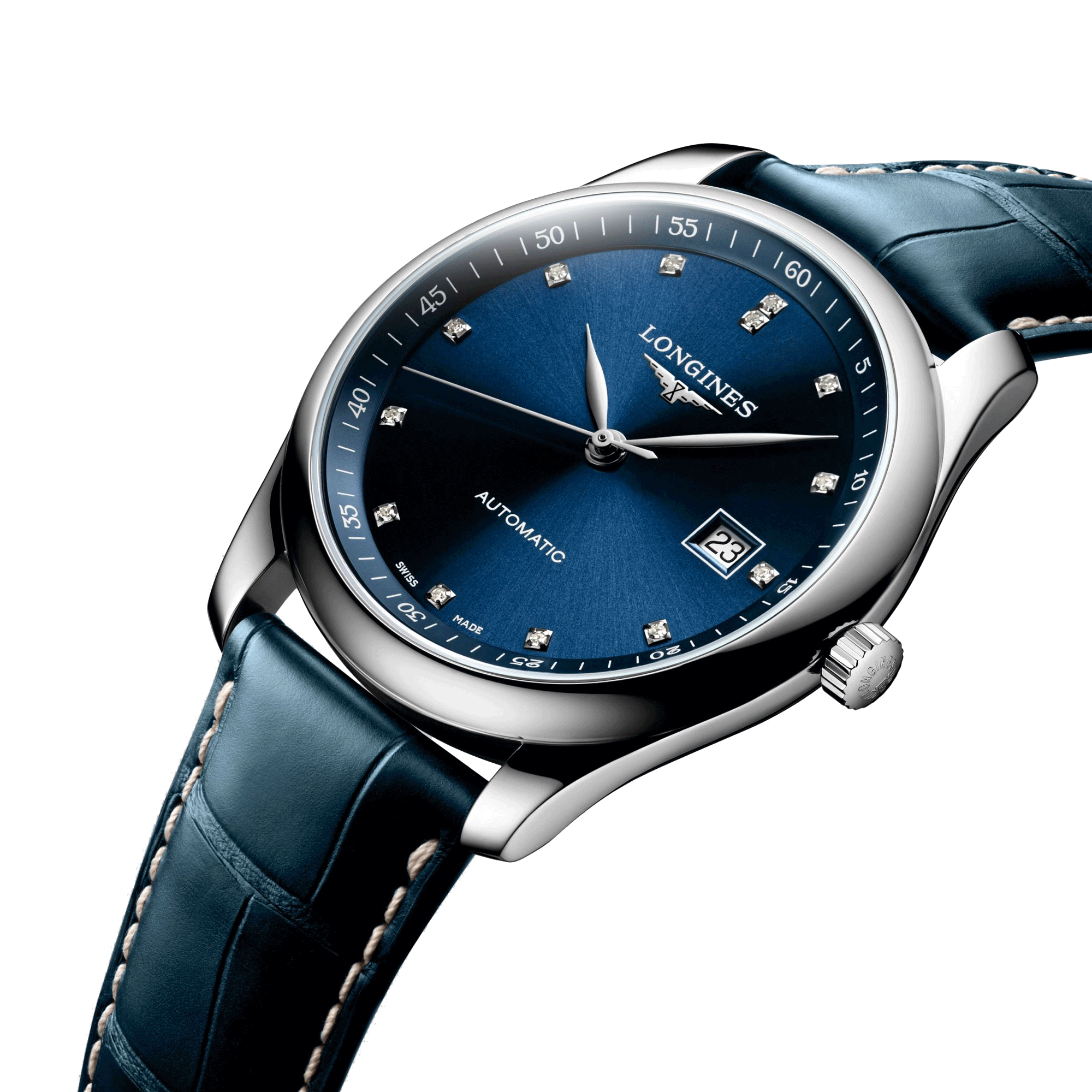 Longines Master Collection automatic watch blue dial diamond index blue leather strap 40 mm