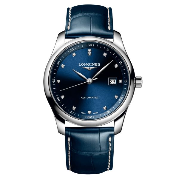 Longines Master Collection automatic watch blue dial diamond index blue leather strap 40 mm