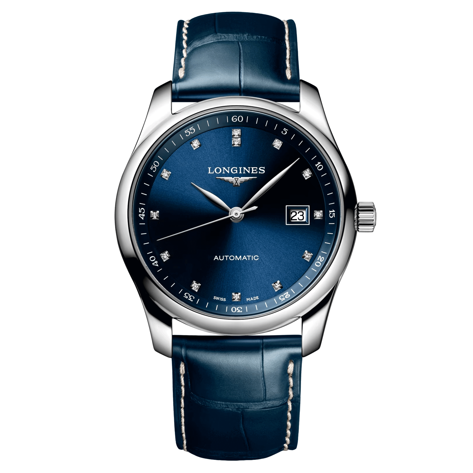Longines Master Collection automatic watch blue dial diamond index blue leather strap 40 mm