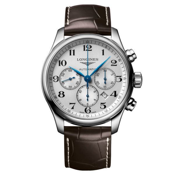 Longines Master Collection automatic chronograph watch silver dial brown leather strap 44 mm
