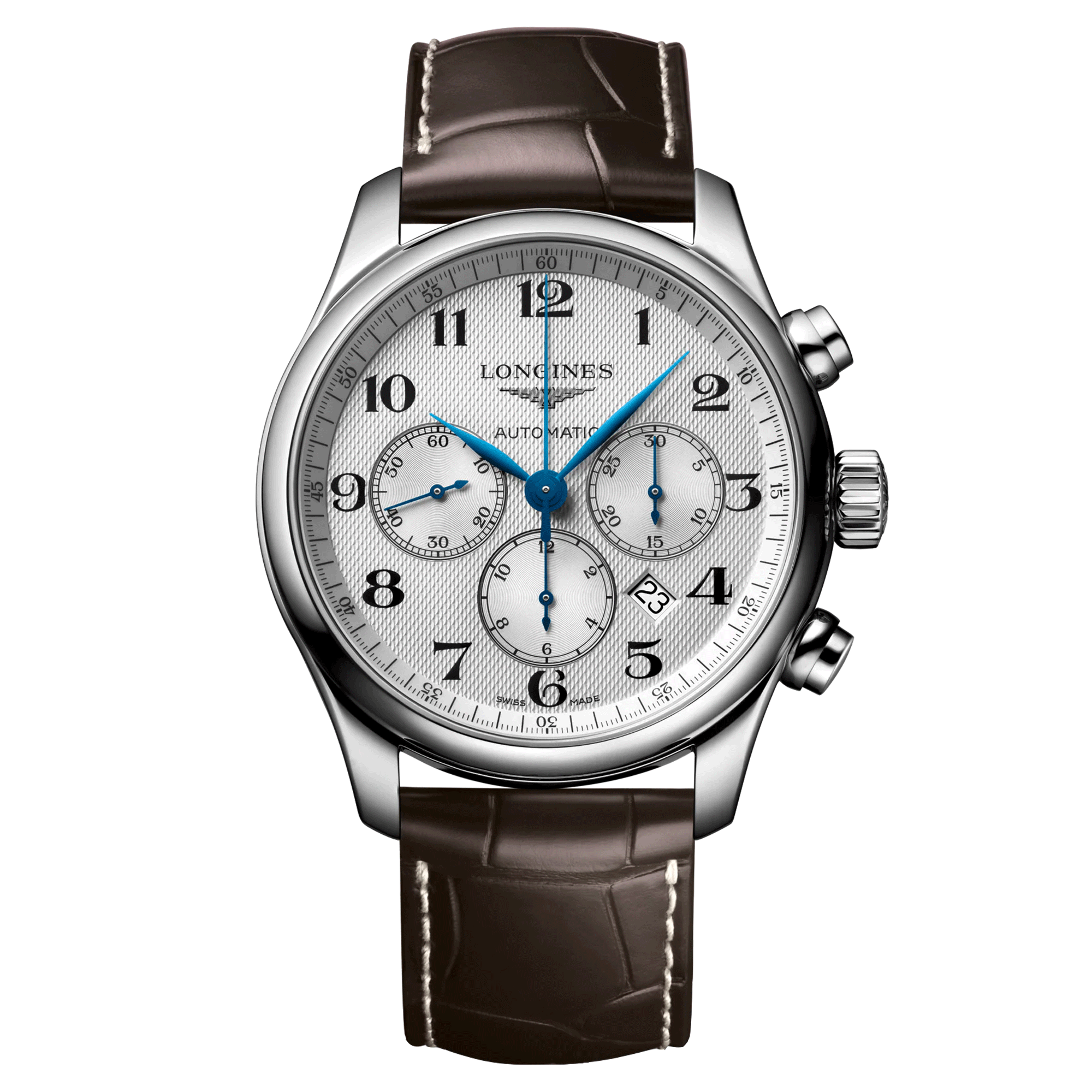 Longines Master Collection automatic chronograph watch silver dial brown leather strap 44 mm