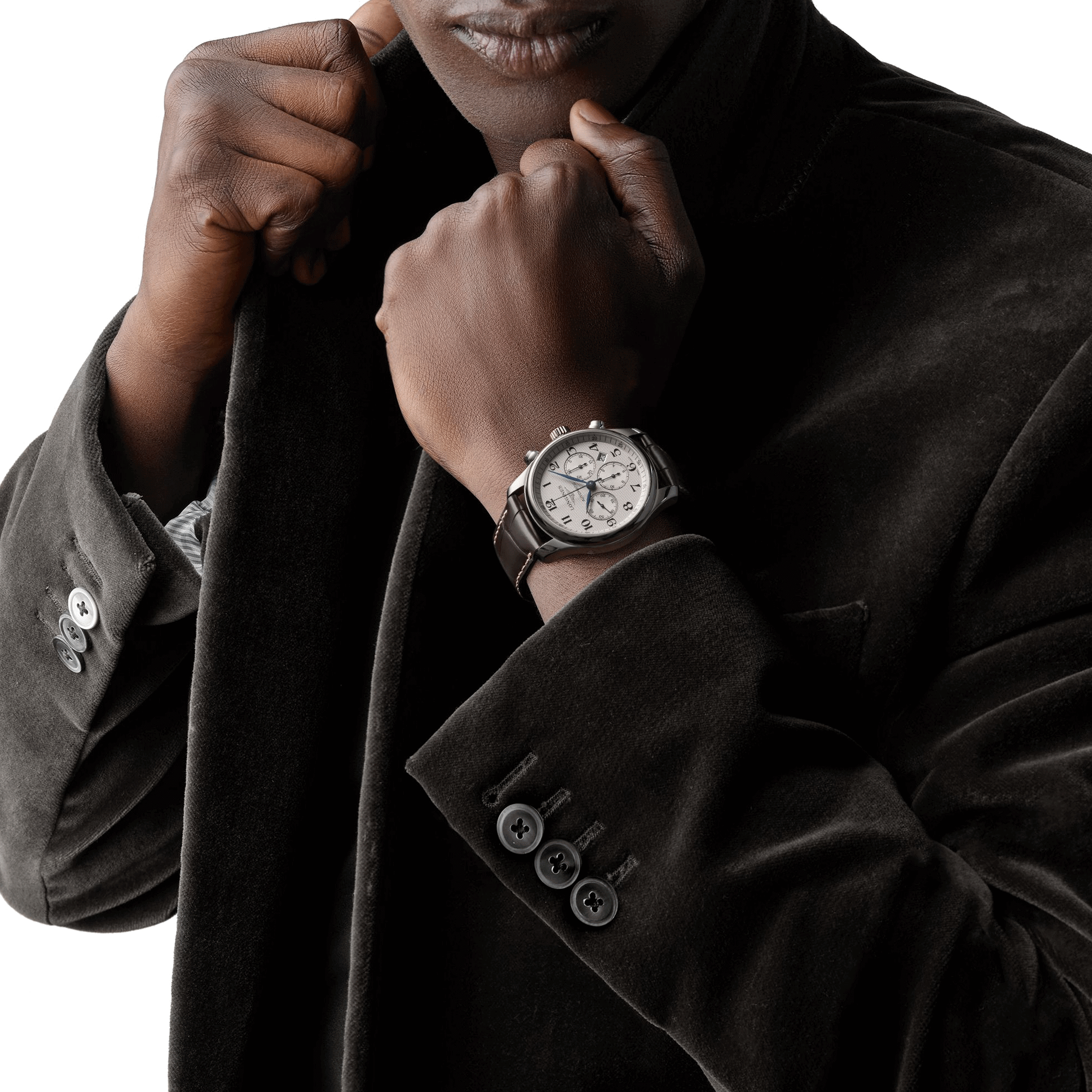 Longines Master Collection automatic chronograph watch silver dial brown leather strap 44 mm