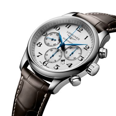 Longines Master Collection automatic chronograph watch silver dial brown leather strap 44 mm