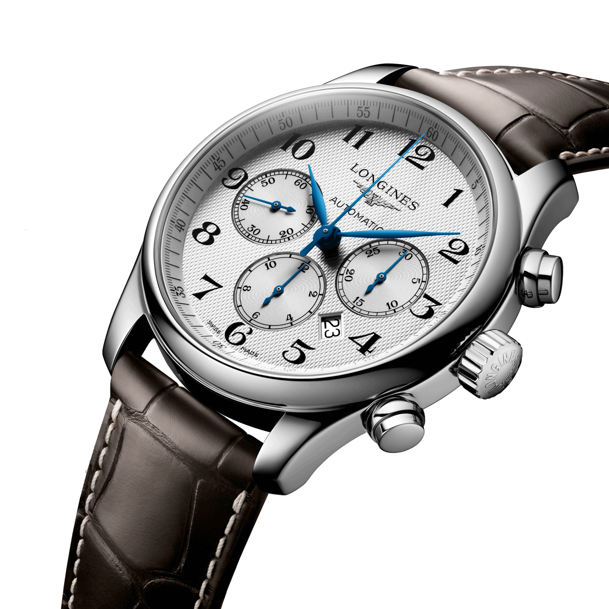 Montre Longines Master Collection automatique chronographe cadran argenté bracelet cuir marron 44 mm L2.859.4.78.3