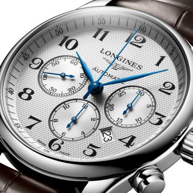 Longines Master Collection automatic chronograph watch silver dial brown leather strap 44 mm