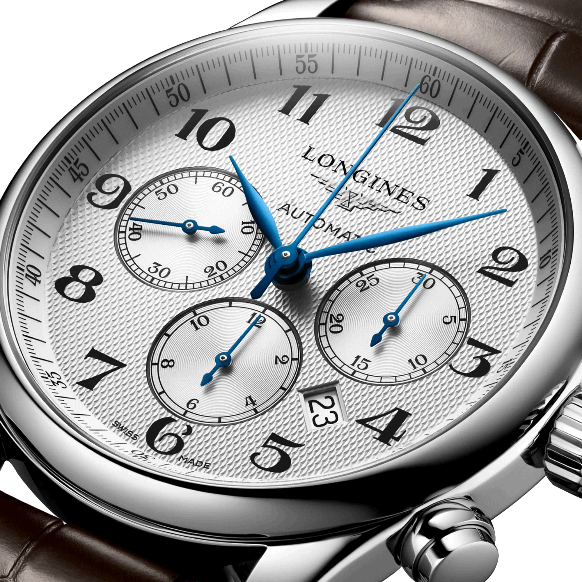 Longines Master Collection automatic chronograph watch silver dial brown leather strap 44 mm