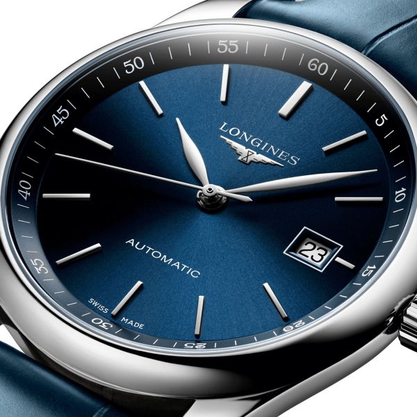 Longines Master Collection automatic watch blue dial blue leather strap 40 mm