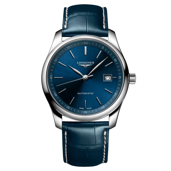 Longines Master Collection automatic watch blue dial blue leather strap 40 mm