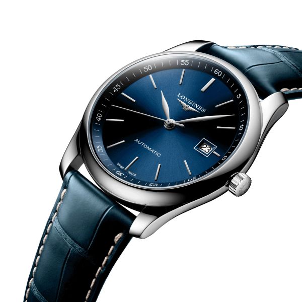 Longines Master Collection automatic watch blue dial blue leather strap 40 mm