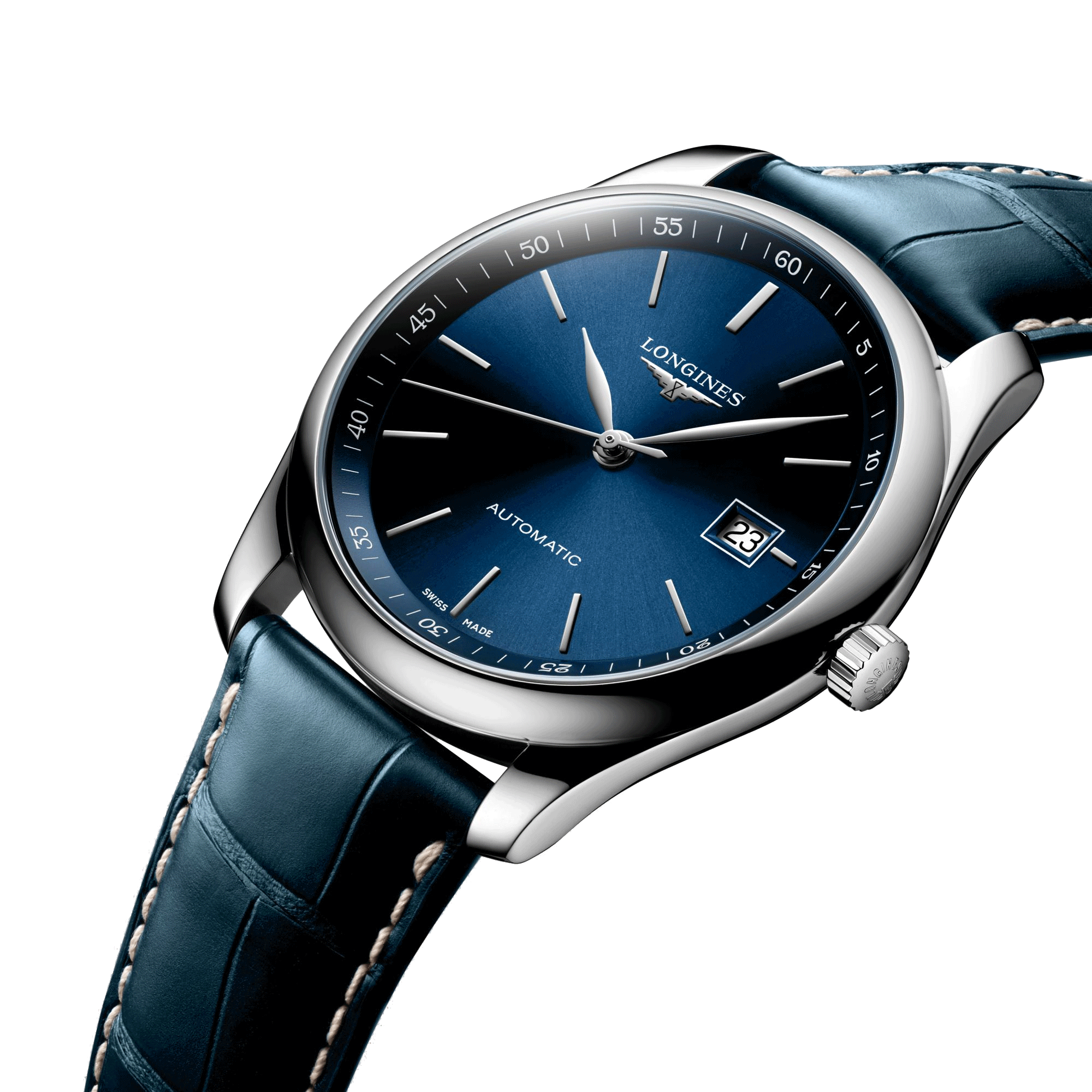 Longines Master Collection automatic watch blue dial blue leather strap 40 mm