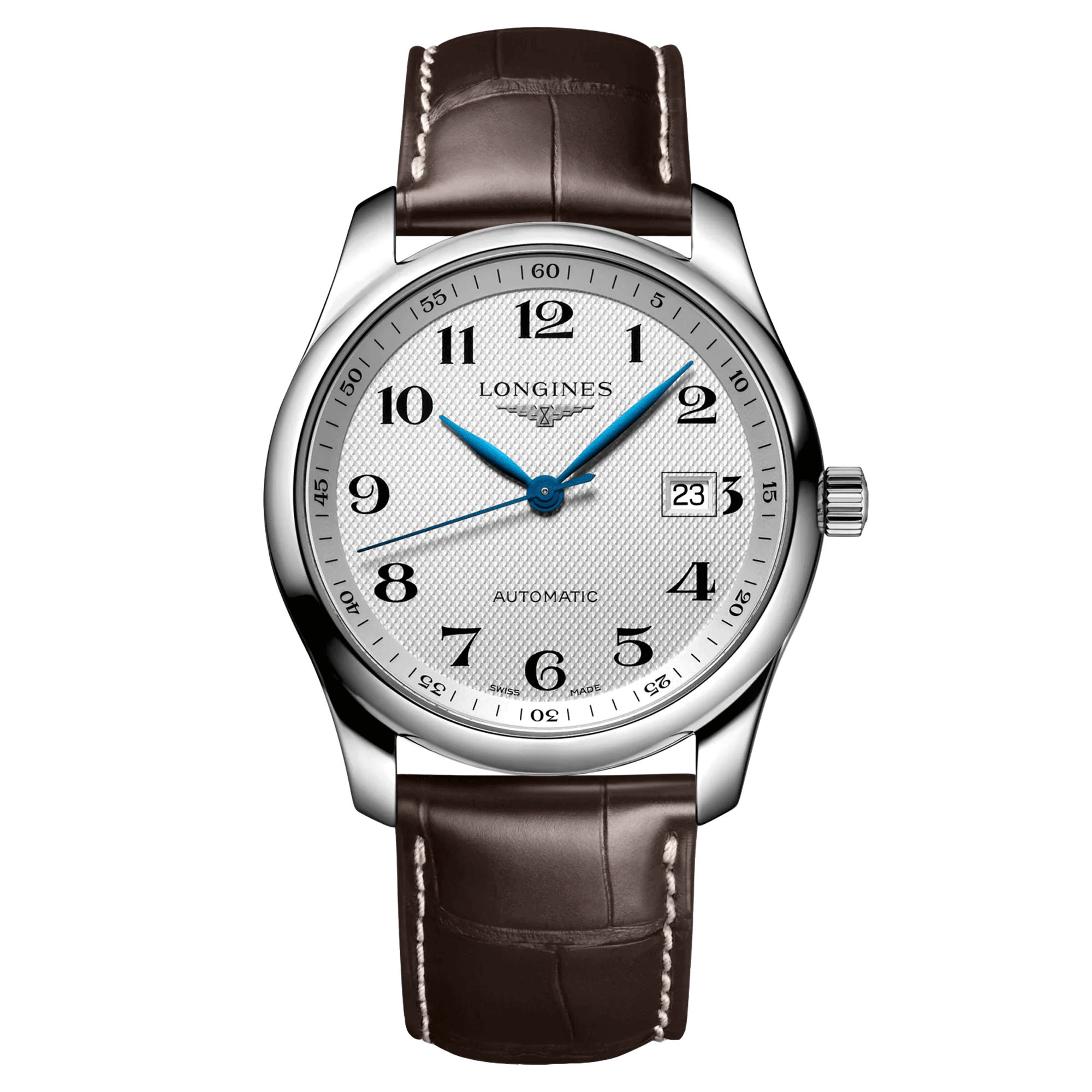 Montre Longines Master Collection automatique cadran argenté chiffres arabes bracelet cuir marron 40 mm L2.793.4.78.3