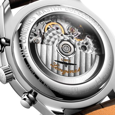 Montre Longines Master Collection automatique chronographe cadran argenté bracelet croco marron 42 mm