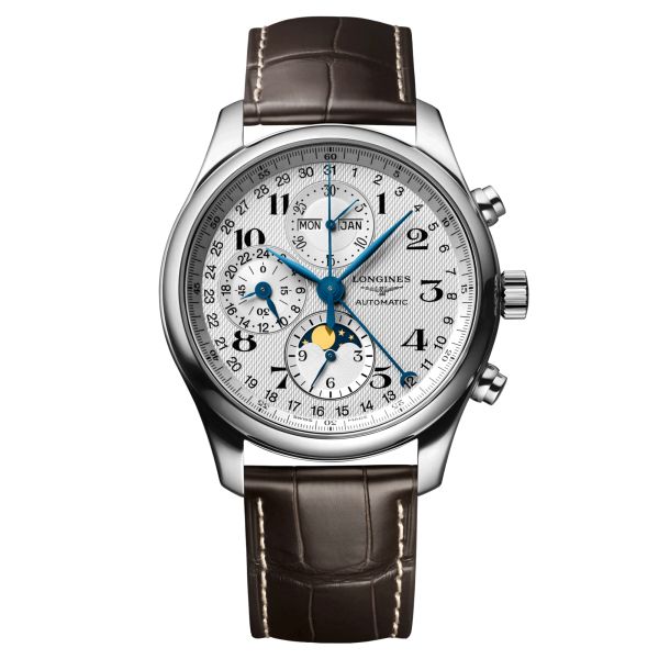 Montre Longines Master Collection automatique chronographe cadran argenté bracelet croco marron 42 mm