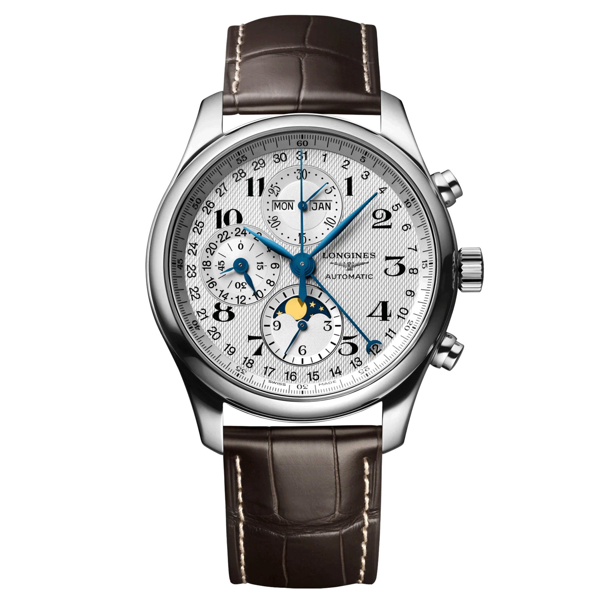 Montre Longines Master Collection automatique chronographe cadran argenté bracelet croco marron 42 mm