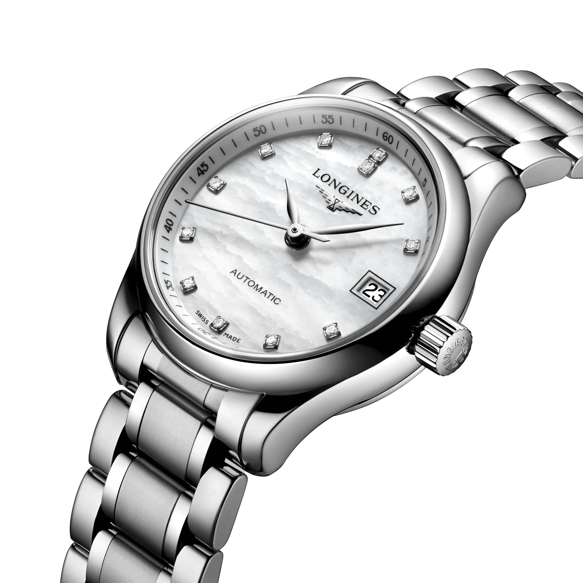 Montre Longines Master Collection automatique cadran nacre index diamants bracelet acier 25,5 mm