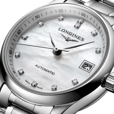 Montre Longines Master Collection automatique cadran nacre index diamants bracelet acier 25,5 mm