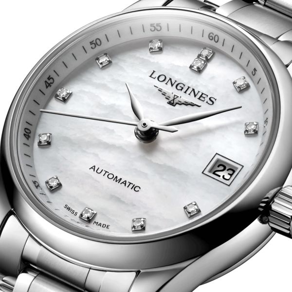 Montre Longines Master Collection automatique cadran nacre index diamants bracelet acier 25,5 mm