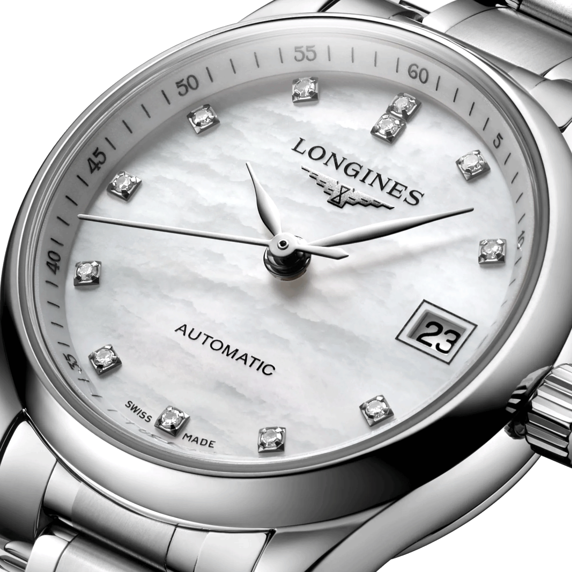 Montre Longines Master Collection automatique cadran nacre index diamants bracelet acier 25,5 mm