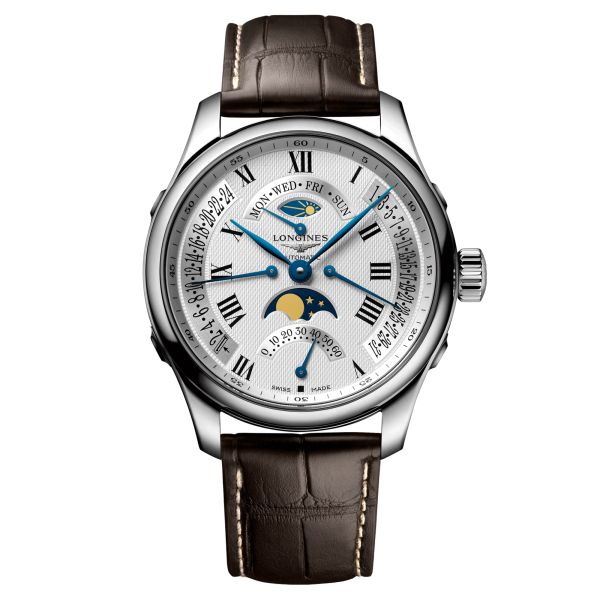 Montre Longines Master Collection Phases de lune automatique cadran argenté bracelet croco brun 44 mm L2.739.4.71.3